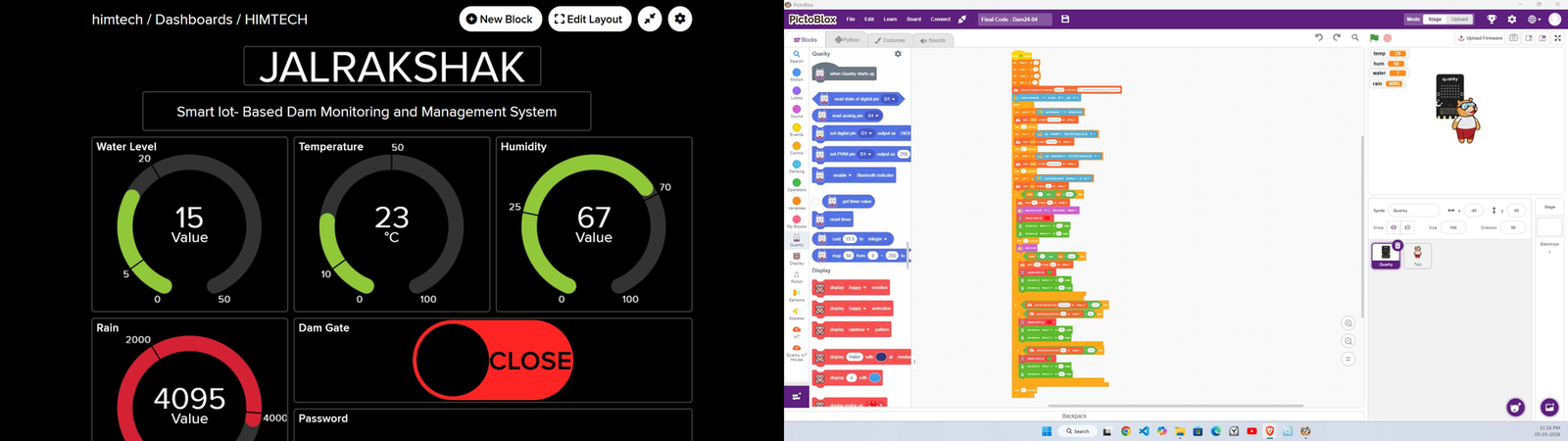 PictoBlox block code on right, JalRakshak dashboard on left, side by side