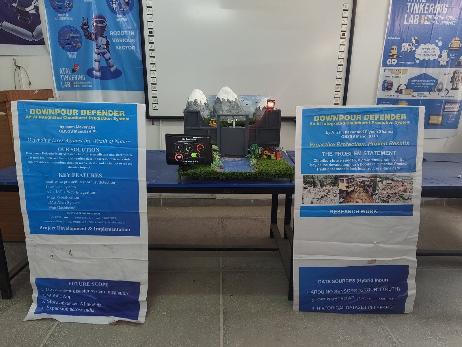 Project model with red LED matrix indicating cloudburst alert state